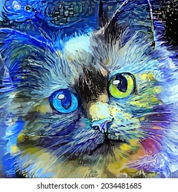 Starry Night Style Impressionist Tabby Cat Portrait Painting
