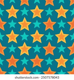 Starry Night Symphony: A seamless pattern of vibrant orange and teal stars dance across a deep blue background, evoking a playful, celestial rhythm.  