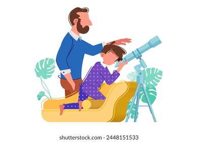 Starry Night Telescope Viewing, vector illustration. An intimate moment of celestial exploration.