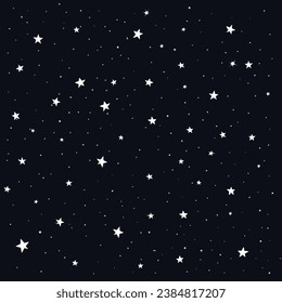 Starry Night: A timeless seamless vector pattern with white stars on a deep black background. Take your design projects to the next level by adding heavenly elegance and beauty to them. Ideal for a va