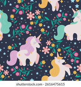 Starry Night Unicorn Fantasy Seamless Pattern for Textiles Print on Fabric
