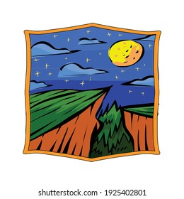 Starry night Valley badge vector. Starry view with mountain illustration. Good for Merchandise.