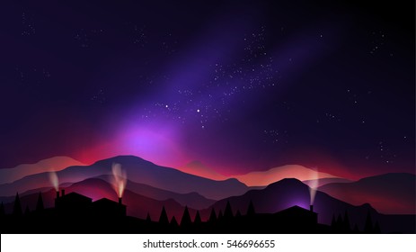 Starry Night Village in the Mountains and Pine Forest - Vector Illustration