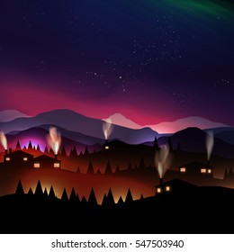 Starry Night Village in the Mountains and Pine Forest - Vector Illustration