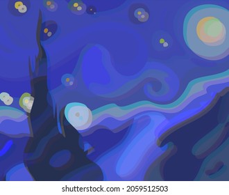 The Starry Night - Vincent van Gogh painting in Glitch style. Conceptual psychedelic vector illustration