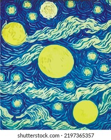 The Starry Night - Vincent van Gogh painting in Low Poly style. Flat design 