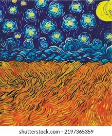 The Starry Night - Vincent van Gogh painting in Low Poly style. Flat design 