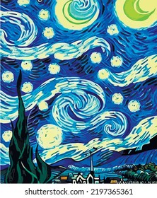 The Starry Night - Vincent van Gogh painting in Low Poly style. Flat design 