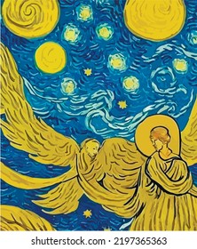 The Starry Night - Vincent van Gogh painting in Low Poly style. Flat design 