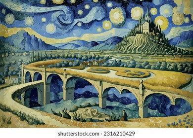 Starry night - Vincent van Gogh-Malstil, Landschaft in blauen Tönen, Meisterwerk