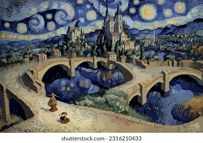 Starry night - Vincent van Gogh painting style, landscape in blue tones, masterpiece