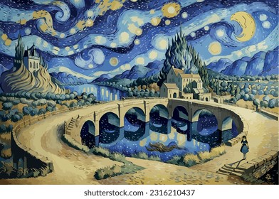 Starry night - Vincent van Gogh-Malstil, Landschaft in blauen Tönen, Meisterwerk