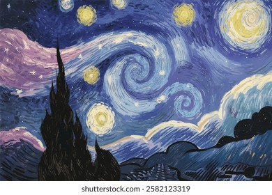 The Starry Night - Vincent van Gogh painting in Low Poly style. Flat design . Blue turbulent cloudy sky abstract background. Seamless vector pattern in the style of impressionist paintings.