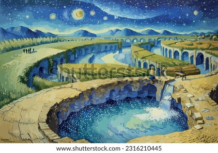 Starry night - Vincent van Gogh painting style, landscape in blue tones, masterpiece