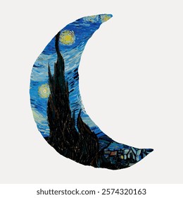 The Starry Night Vincent Van Gogh's crescent moon shape sticker. Vintage moon style art drawing, isolated vector element. Vincent Van Gogh drawing cut out blue sticker.