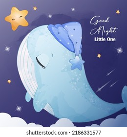 Starry Night Whale in Watercolor Illustration