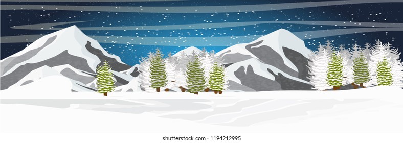 Starry night in winter. Mountains and spruce forest in the snow. Vector landscape of the Arctic, Antarctica, Greenland, Alaska or Canada. Northern landscapes.