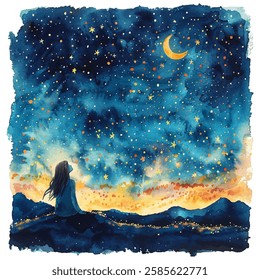 starry night with a woman gazing upward vector illustration in watercolor style