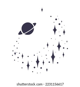 Starry pattern with Saturn planet. Esoteric design with stars. Vector illustration isolated in white background