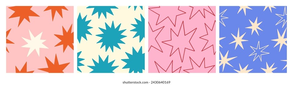 Starry patterns set. Seamless background design, simple stars. Repeating kids print, printable childish texture for wallpaper, fabric, textile, wrapping. Repeatable colored flat vector illustrations