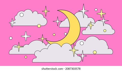 Starry pink sky with crescent moon and clouds. Cute flat art vector illustration.