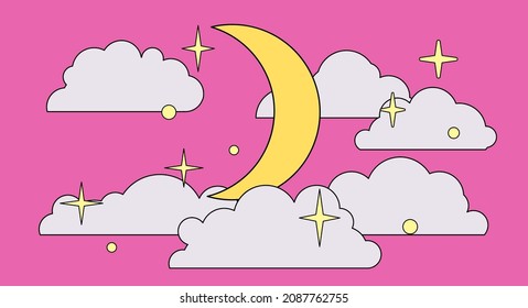 Starry pink sky with crescent moon and clouds. Cute flat art vector illustration.