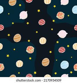 Starry Planetscape: Infuse your designs with a sense of wonder using this seamless pattern. Hand-drawn planets against a night sky backdrop offer a dreamy and starry planetscape, ideal for captivating