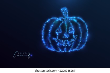 Starry pumpkin icon. Outline design, neon blue, with bright stars on a dark blue background. Halloween concept.