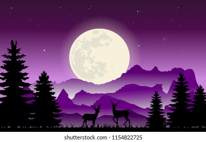 Starry purple night pine forest under full moon with mountains layer and deer illustration vector
