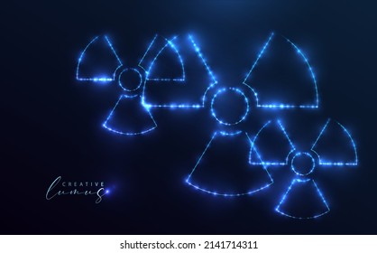 Starry radioactive symbol. Danger radioactivity icon in the universe. Futuristic, holographic style template with blue neon lights.