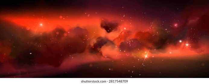 Starry red sky background with nebula clouds and cosmic light, space universe scene with glowing stars, abstract vector illustration. Night bright wallpaper with glowing constellation