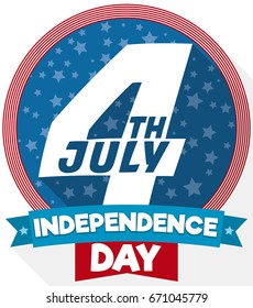 Starry round button decorated with a ribbon in flat style and long shadow effect to celebrate American Independence Day.
