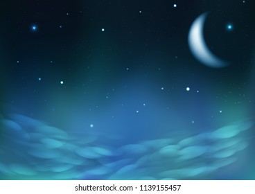 Starry scatter on night cloudy sky with moon, fantasy astronomy constellation concept abstract background vector illustration