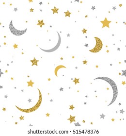 Starry seamless background with gold and silver dots