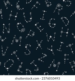 Starry seamless pattern, celestial alphabet letters amidst stars, black and white contrast, ideal for cosmic, mystical designs