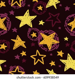 starry seamless pattern, golden sketch stars, vector illustration