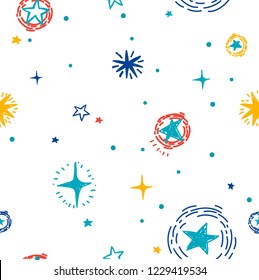 starry seamless pattern with hand drawn  sketch stars on white background, vector illustration