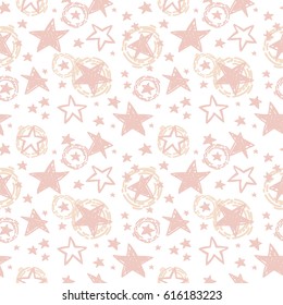 Starry seamless pattern, pink sketch stars on white background, vector illustration