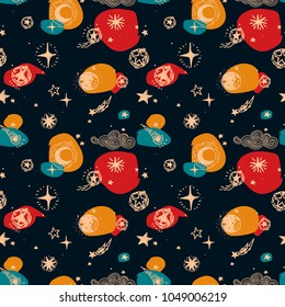starry seamless pattern, sketch planets, comets and stars, and colorful blurs, can be used as wallpaper for playroom, vector illustration