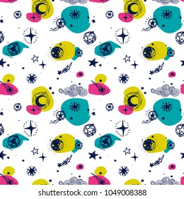 starry seamless pattern, sketch planets, comets and stars, and colorful blurs on white background, can be used as wallpaper for playroom, vector illustration