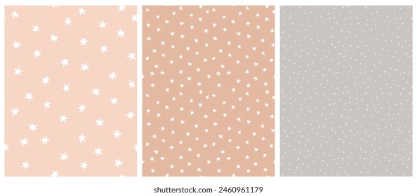 Starry Seamless Vector Pattern. White Hand Drawn Stars on a Peach and Blush Brown Background. Irregular Geometric Endless Design with White Spots on a Gray. Abstract Chaotic Prints ideal for Fabric.