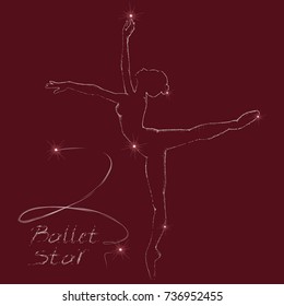 Starry silhouette of a ballerina on a claret background. Vector illustration.