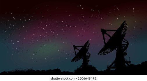 Starry skies with northern lights - Vektor Silhouette radar telescopes listen and receive signals