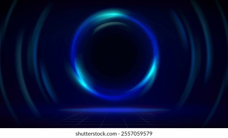 Starry sky in abstract porthole, shining ring, grid floor. Circular frame on dark background. Blue cyan glowing circle. Dark blue backdrop for products, text, copy paste. Light ring. Vector