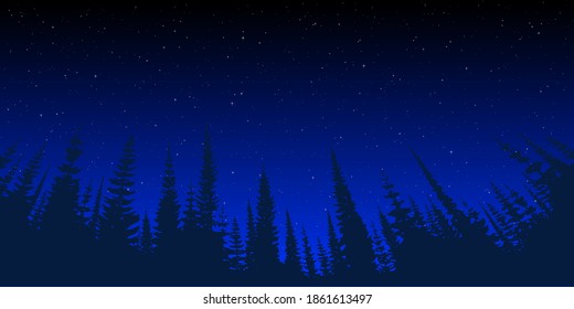 The starry sky against the background of a dense forest. Vector landscape.