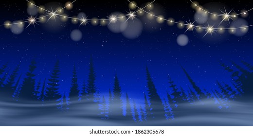 El cielo estrellado sobre el fondo de un bosque denso. Granja de Navidad.