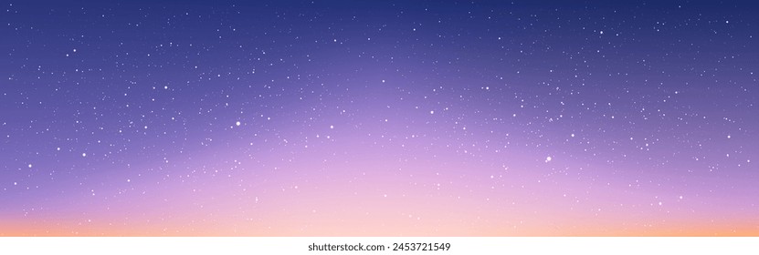 Starry sky background. Beautiful sunset with stars. Wide starry wallpaper for website or brochure. Night milky way with stardust. Gradient cosmic backdrop. Vector illustration.