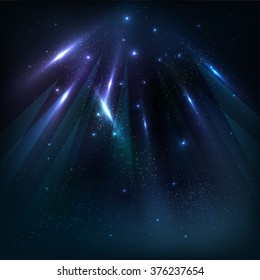 Starry sky background with color luminous rays. Vector illustration