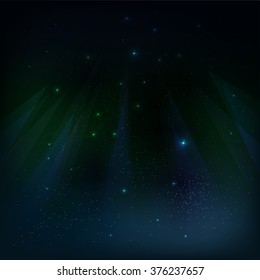 Starry sky background with color luminous rays. Vector illustration