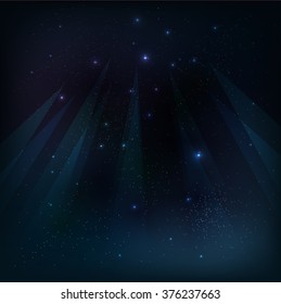 Starry sky background with color luminous rays. Vector illustration